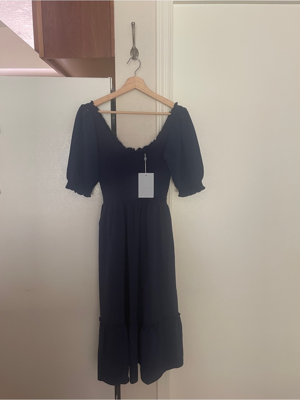 Hill House Black Puff-Sleeve Smocked Midi Dress